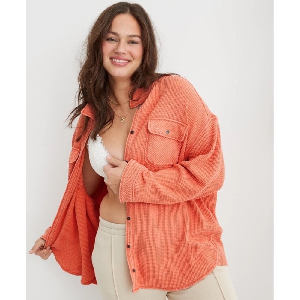Aerie Waffle Knit Top Lumberjane XXL 2X Peach Relaxed Fit Vacation Summer Bright
